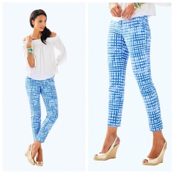 Lilly Pulitzer Feeling Beachy Kelly Ankle Pants Gingham Blue White Size 12 - Picture 1 of 9